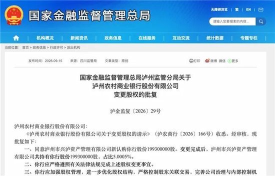 泸州农商银行获批增资至39.8亿元	，泸州老窖集团、兴泸资产认购，持股均超5%