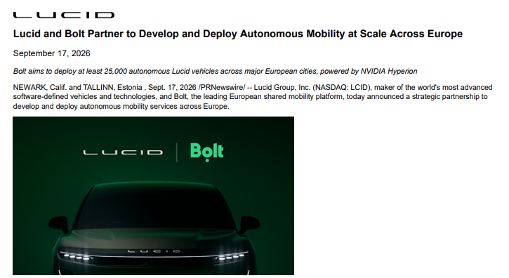 Lucid押注自动驾驶“翻身”：联手Bolt瞄准欧洲2.5万辆Robotaxi