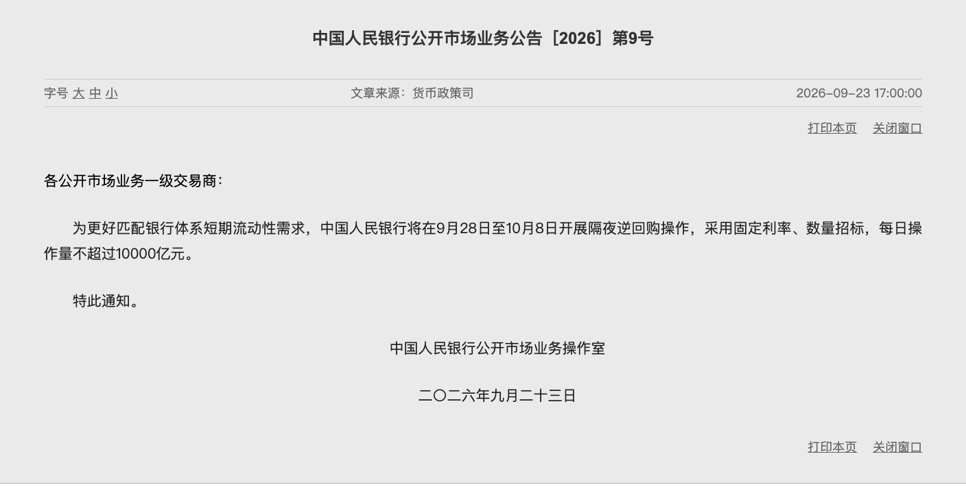 双节将至央行出手！隔夜逆回购每天比较高1万亿，新工具挑大梁